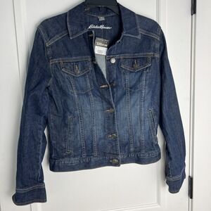Eddie Bauer Denim Jacket Women Size Small Mid Wash Blue Long Sleeve Stretch NWT